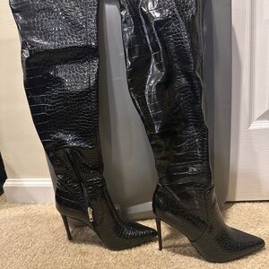 Black Croco Thigh High Boots (Heels)